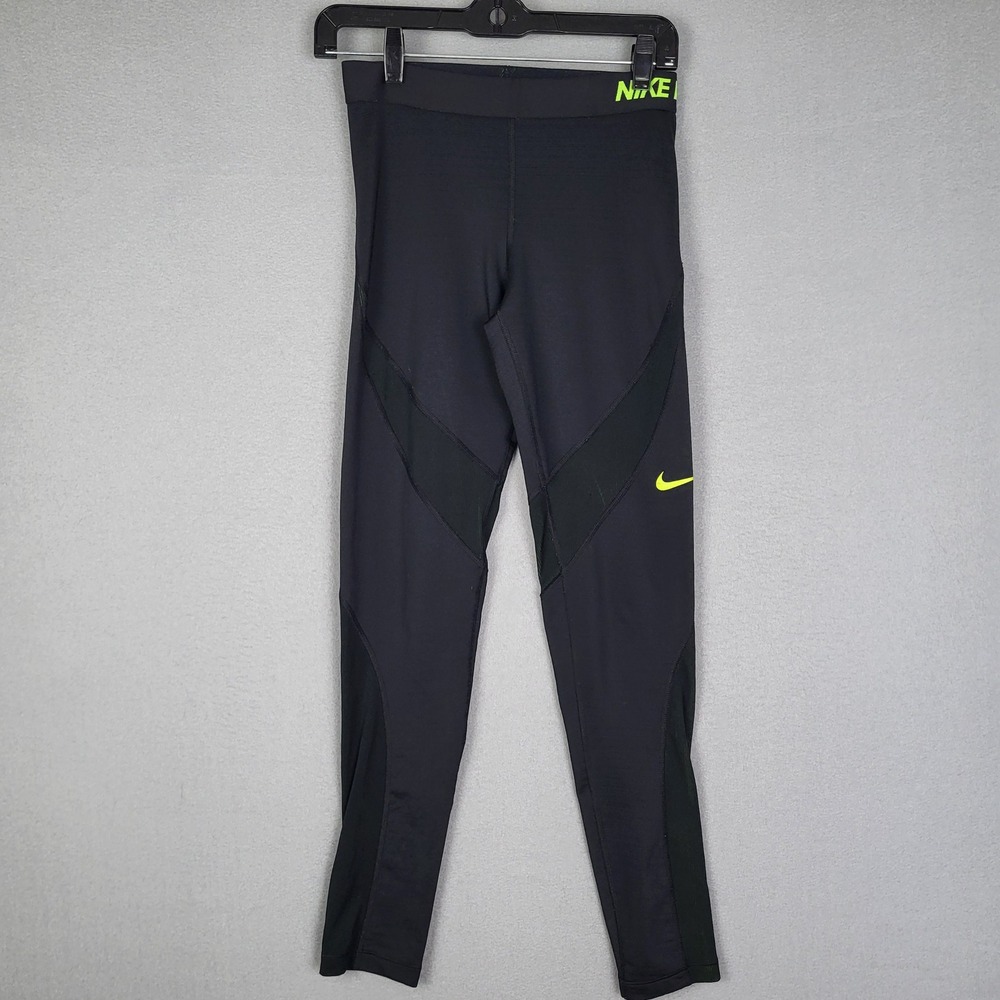 Nike Pro Hyperwarm Athletic Leggings Black Neon Green Workout Compression Size M